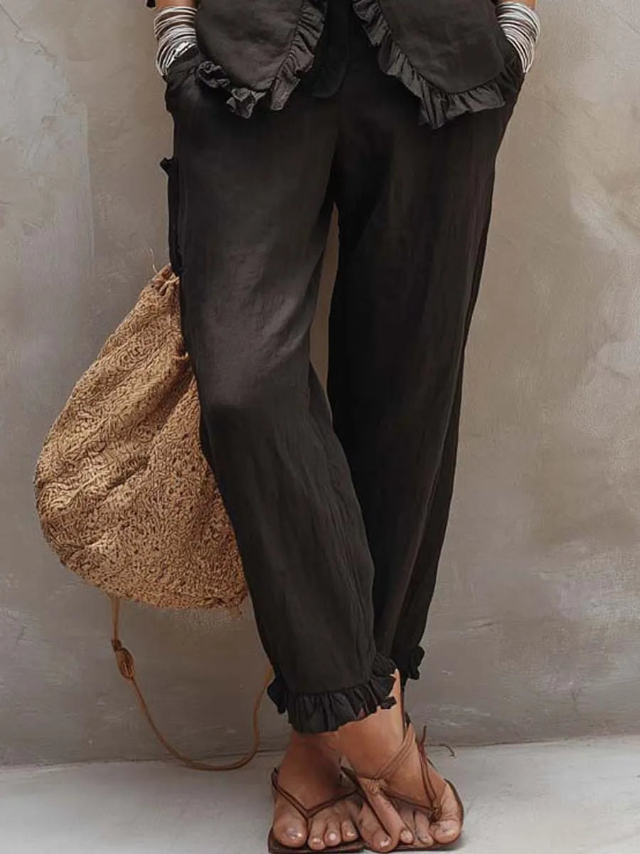 Vintage Ruffle Trim Cotton-linen Suit Set