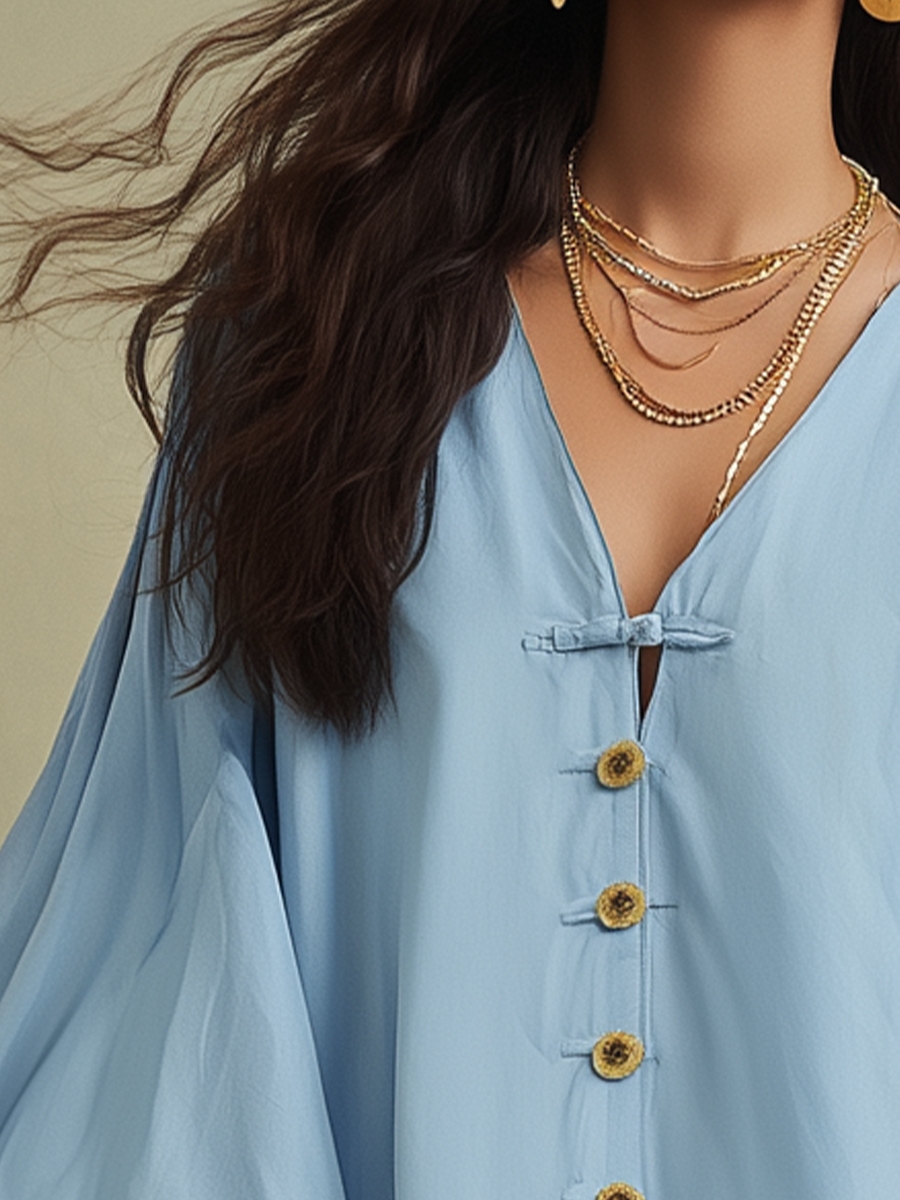 Casual Blue Button Front Blouse