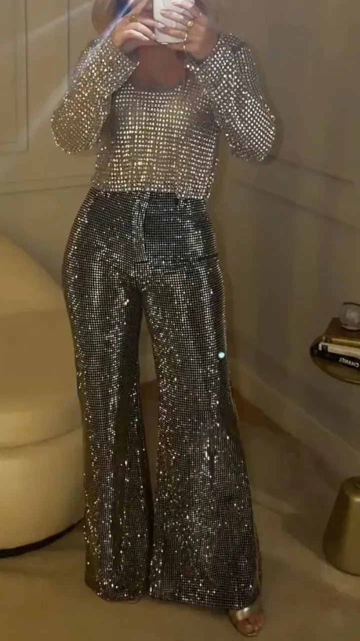 Silver Rhinestone Long Sleeve Top & High Waist Flare Pants Two Piece Set