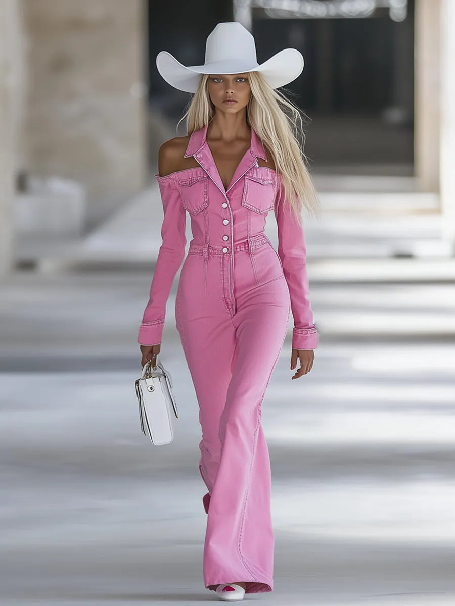 Fashionable Personalized Lapel Pink Denim Off-the-shoulder Long-sleeved Flared Jumpsuit