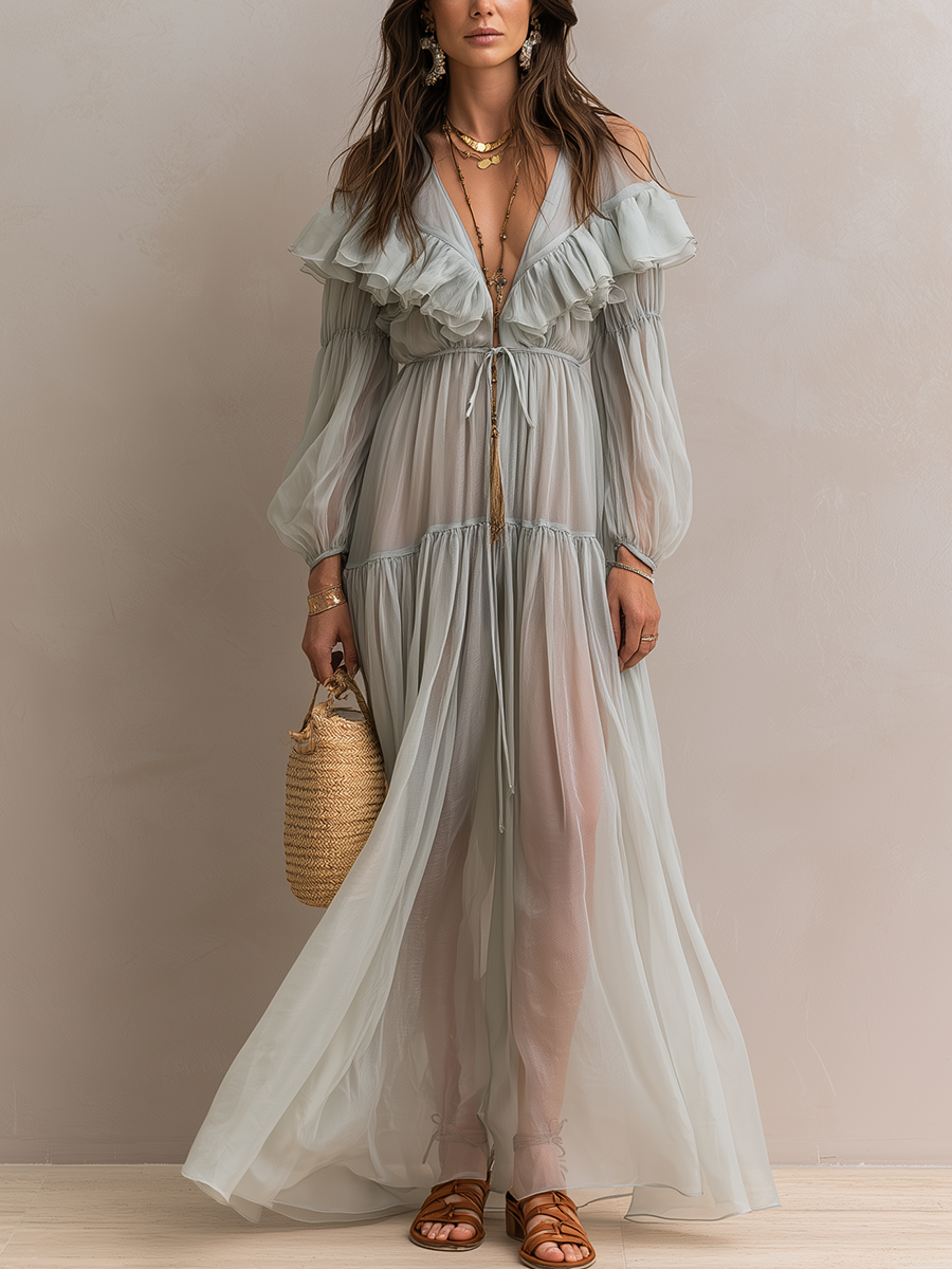 Romantic Sage Green Off-Shoulder Chiffon Maxi Dress