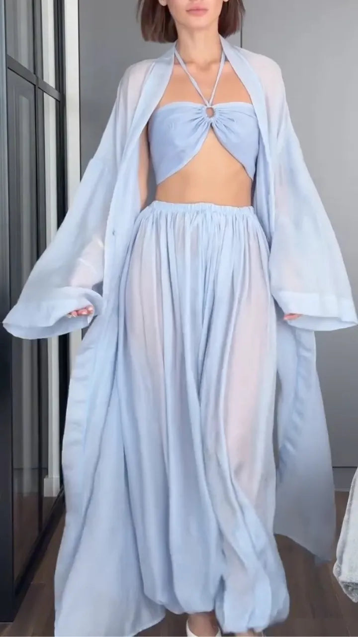 Halter Crop Top + Wide Leg Pants + Long Cardigan 3 Piece Set