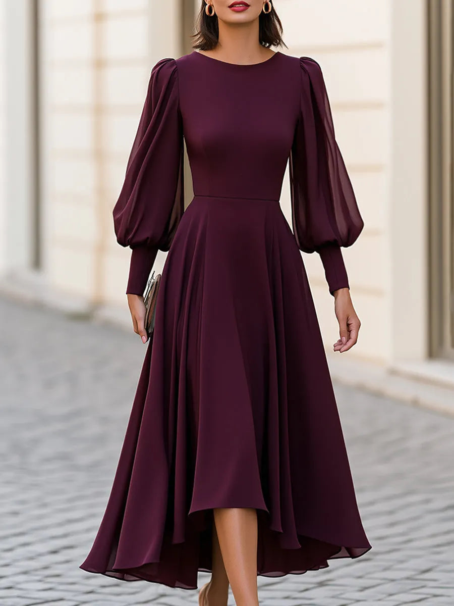 Bishop Sleeve High-Low A-Line Midi Dress