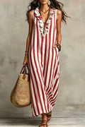 Women's Retro Striped Ruffle Sleeveless Dress
