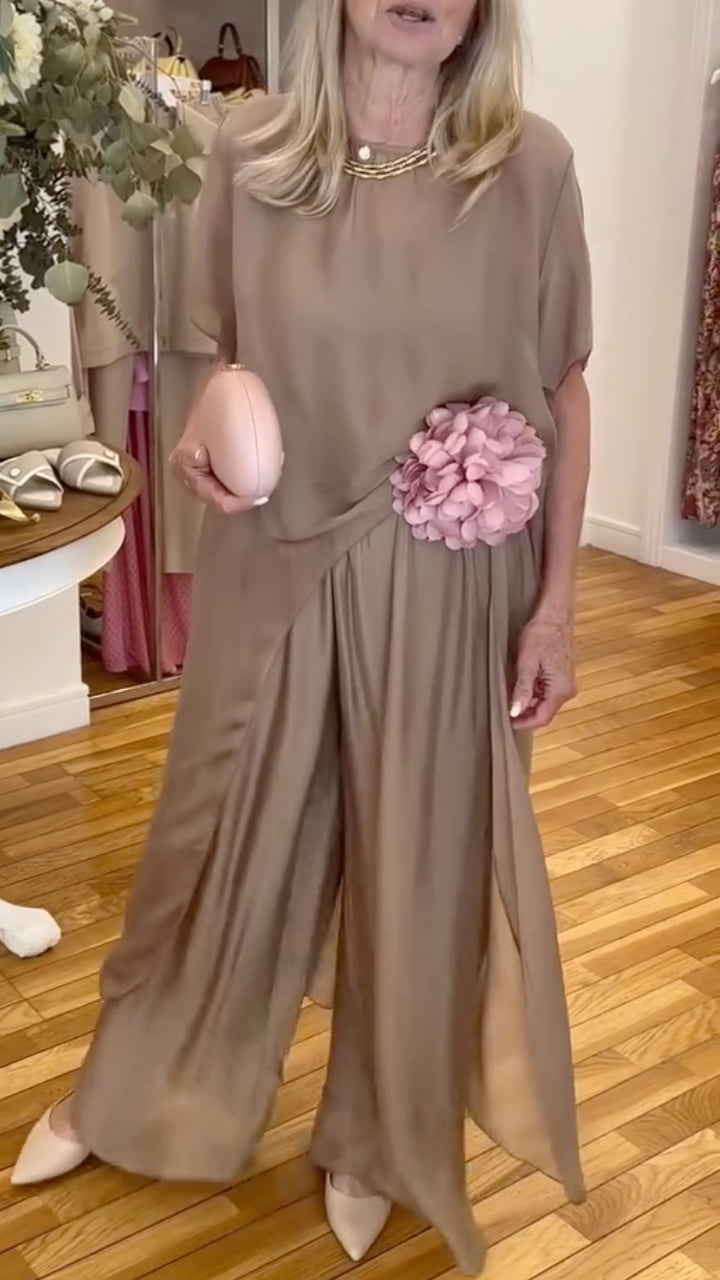 Taupe Chiffon Top & Wide Leg Pants Set