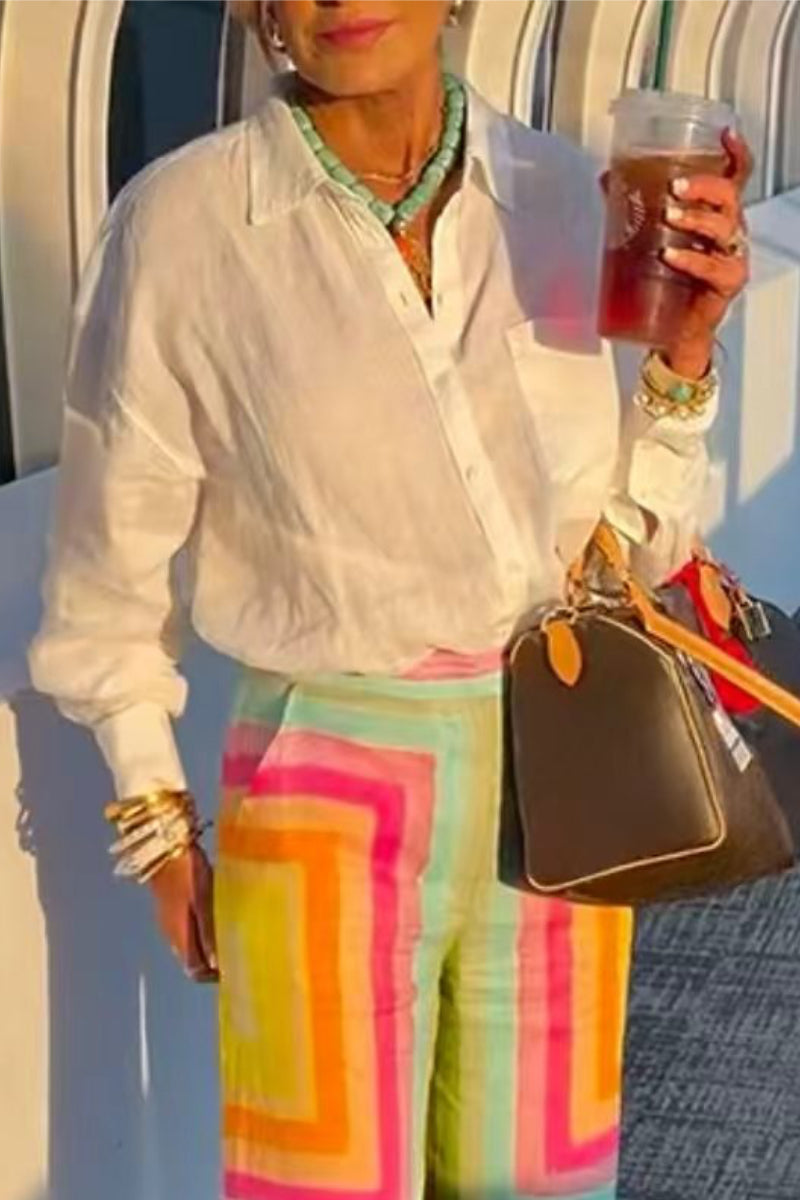 White Linen Shirt & Colorful Geometric Wide-Leg Pants Set