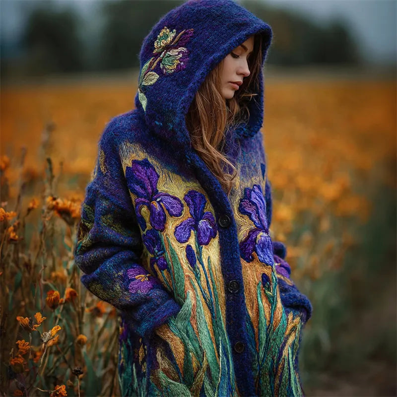 Purple Irises Felt Embroidered Cozy Knit Hooded Cardigan