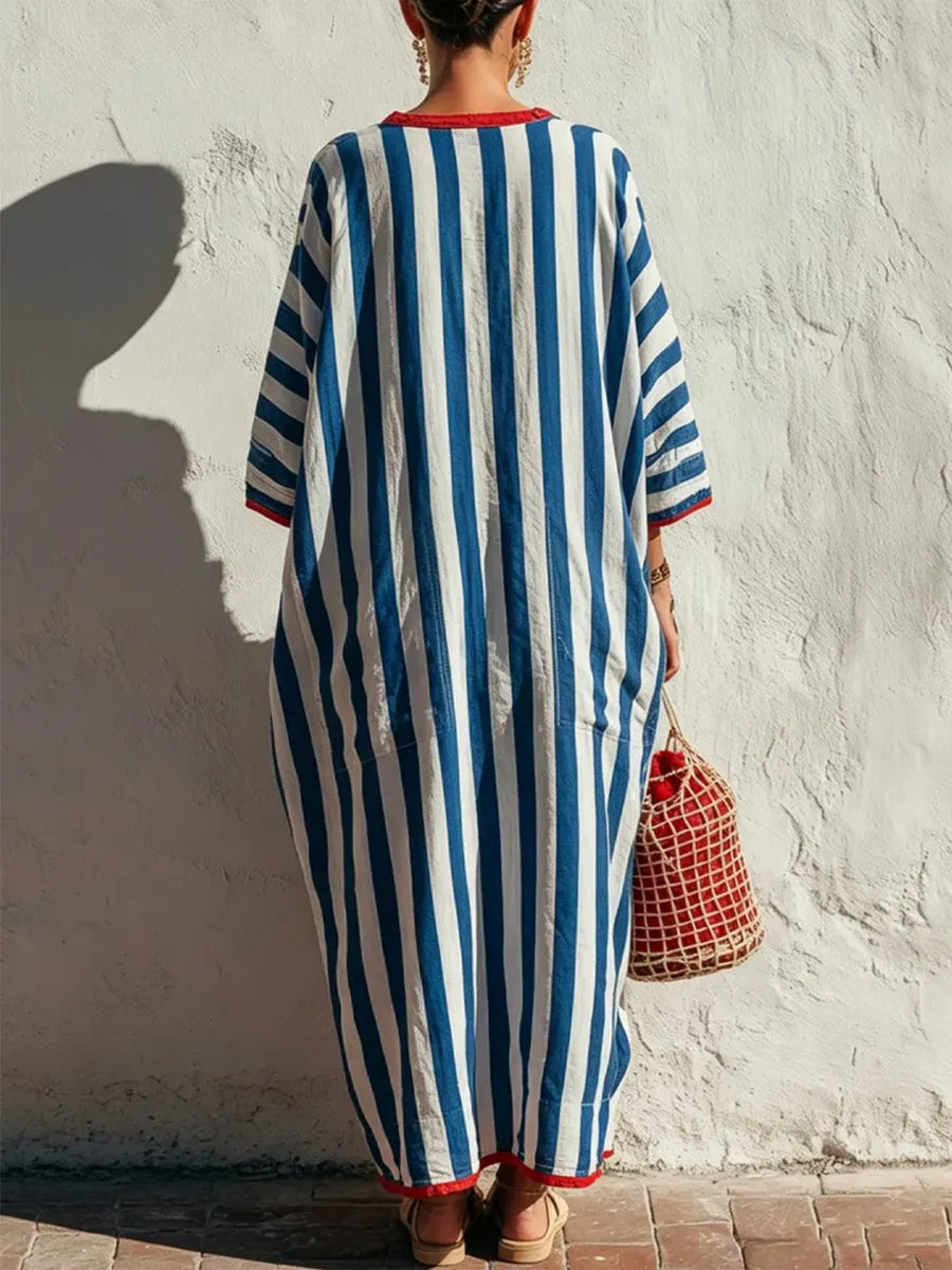 Casual Red-trimmed Striped Linen And Cotton Dress