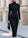 Mesh Top Tailored Vest And Pencil Skirt Three-Piece Set