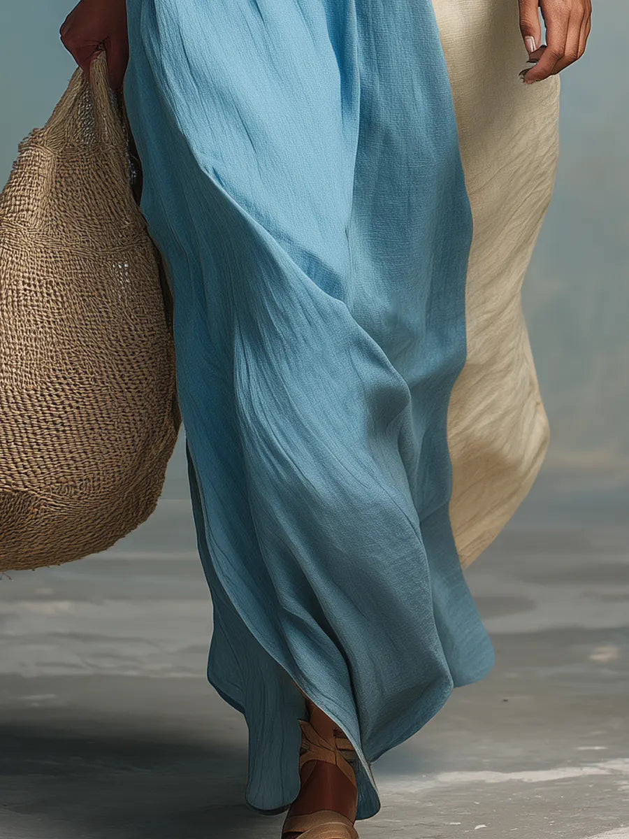 Artistic Blue Beige Colorblock Spaghetti Strap Maxi Dress