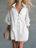 Women's Solid-color Stand-collar Long-sleeve Casual Loose-fit Cotton Dress