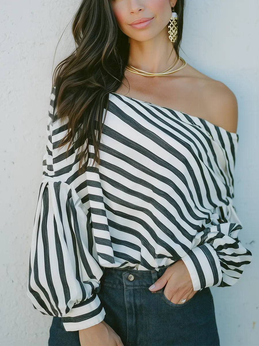 Chic Black White Off Shoulder Striped Blouse