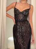 Black Spaghetti Strap Sequin Mesh Maxi Dress, Sweetheart Corset High Slit Evening Party Gown