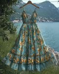 Summer Vacation Floral Print Chiffon Contrast Maxi Dress 5196
