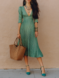 Emerald Pleated Deep V  – Effortless Boho Resort Elegance Midi Dress