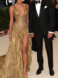 Banquet Sleeveless Chains Beaded Split-Side Feathers Shiny Maxi Dresses