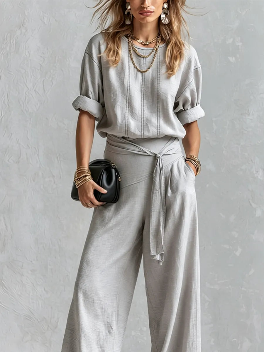 Bohemian Gray Cotton Linen Top And Wide-leg Pants Set