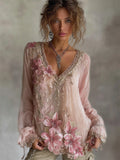 Vintage Boho Pink Lily Glitter Flowy Linen Tunic