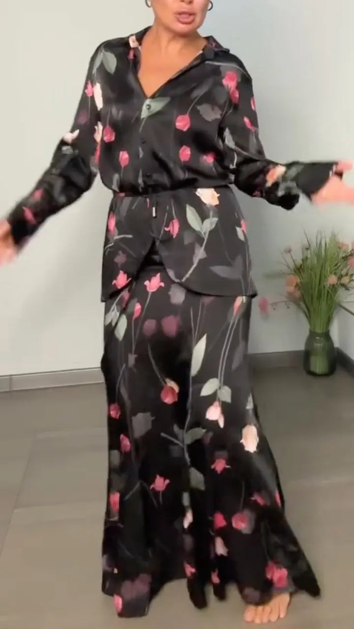 Women's Lapel Printed Satin Casual Suit