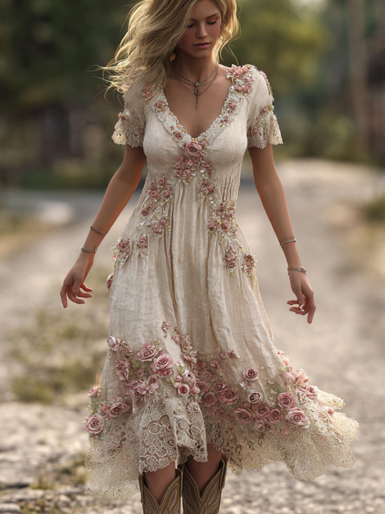 Bohemian Pink Floral Vintage White Linen Vintage Lace V-neck Short-sleeved Long Dress
