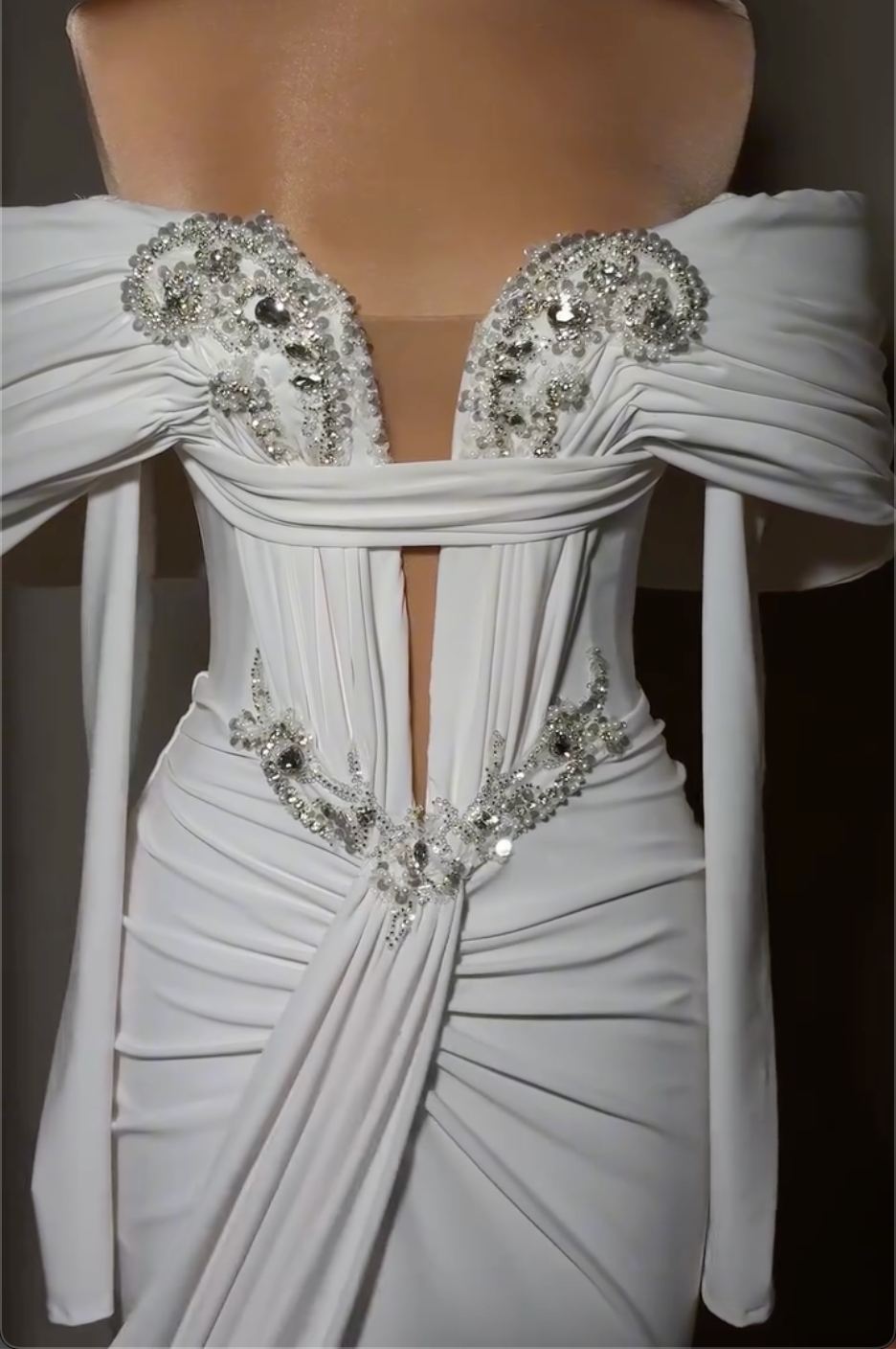 Off Shoulder Draped Ruched Rhinestone Applique Maxi Evening Gown, White Deep Cut Hollow Mermaid Formal Dress