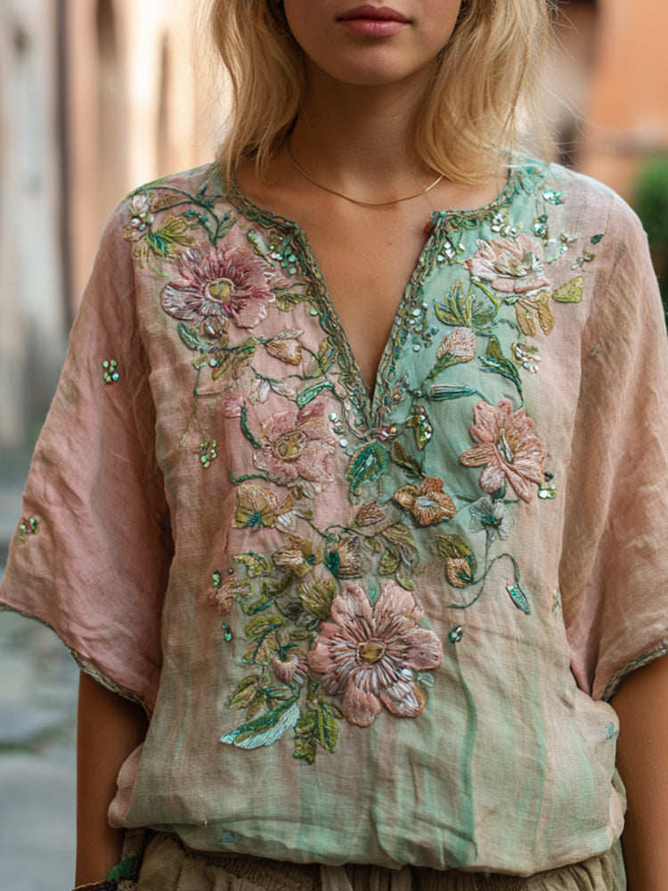 Bohemian Style Pink Flower Sequin Embroidery Vintage Pink-green V-neck Short Sleeve Shirt