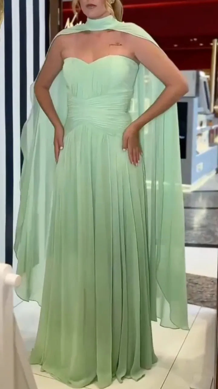 Mint Green Chiffon Strapless Maxi Dress with Cape