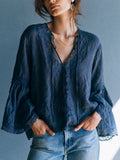 Boho Luxe Navy Lace Panel Tie-Neck Blouse Top
