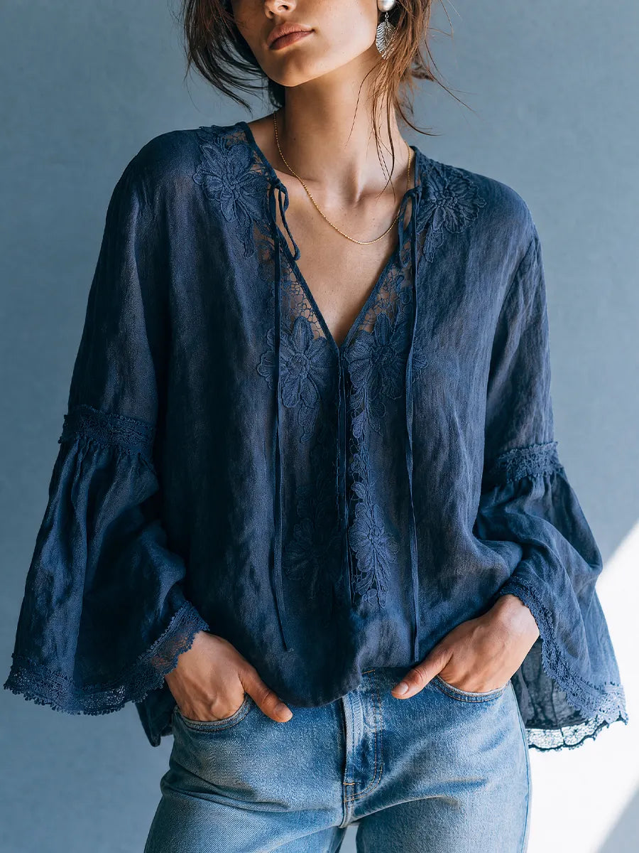 Boho Luxe Navy Lace Panel Tie-Neck Blouse Top