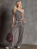 Women's Chic One-Shoulder Lounge Set - Contrast Piping Wide-Leg Pants & Asymmetric Top 2-Piece Outfit