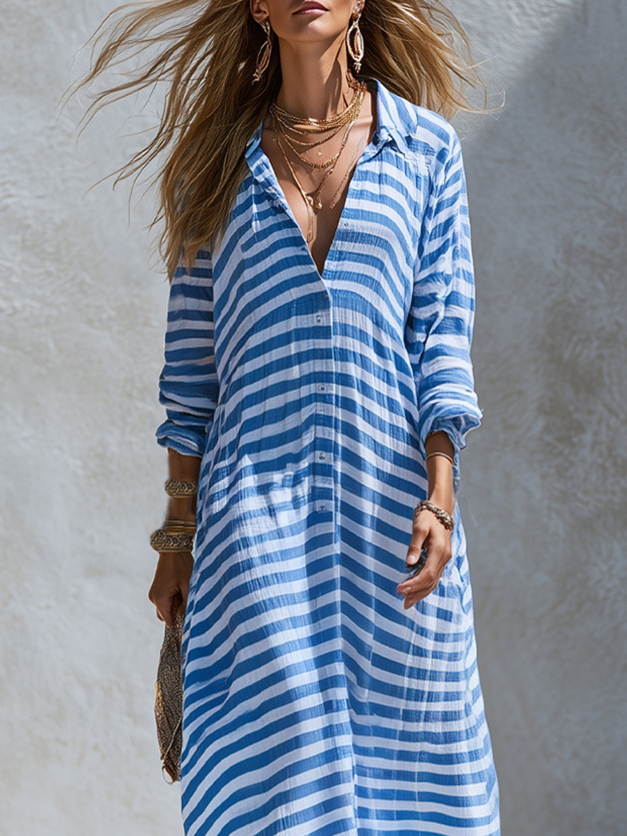 Bohemian Blue Striped Maxi Dress
