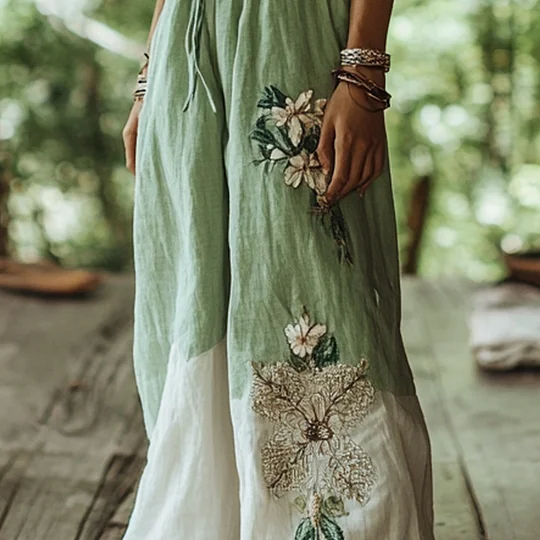 Vintage Bohemian Forest Floral Art Printed Cotton Linen Wide Leg Pants