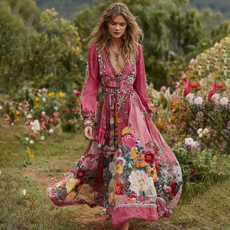 Women's Vintage Floral Art Print V-neck Long Sleeve Maxi Dress