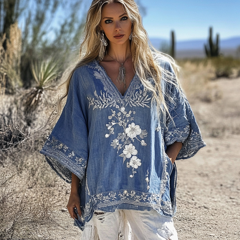 Vintage Bohemian Floral Embroidered Denim Shirt