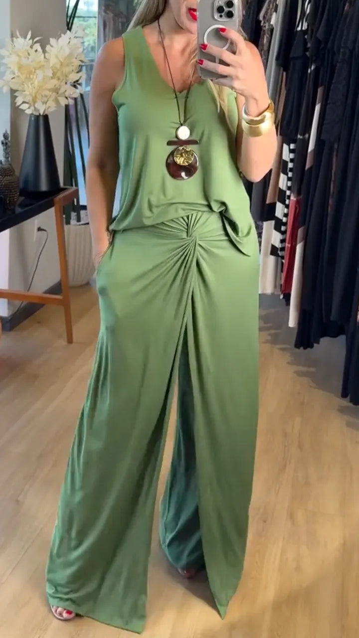 Sleeveless Tank Top & Twist Front Wide Leg Pants Two Piece Set