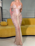 Off Shoulder Spaghetti Strap Corset Sequin Rhinestone Mermaid Evening Gown, Champagne High Front Slit Ruched Sheer Formal Dress