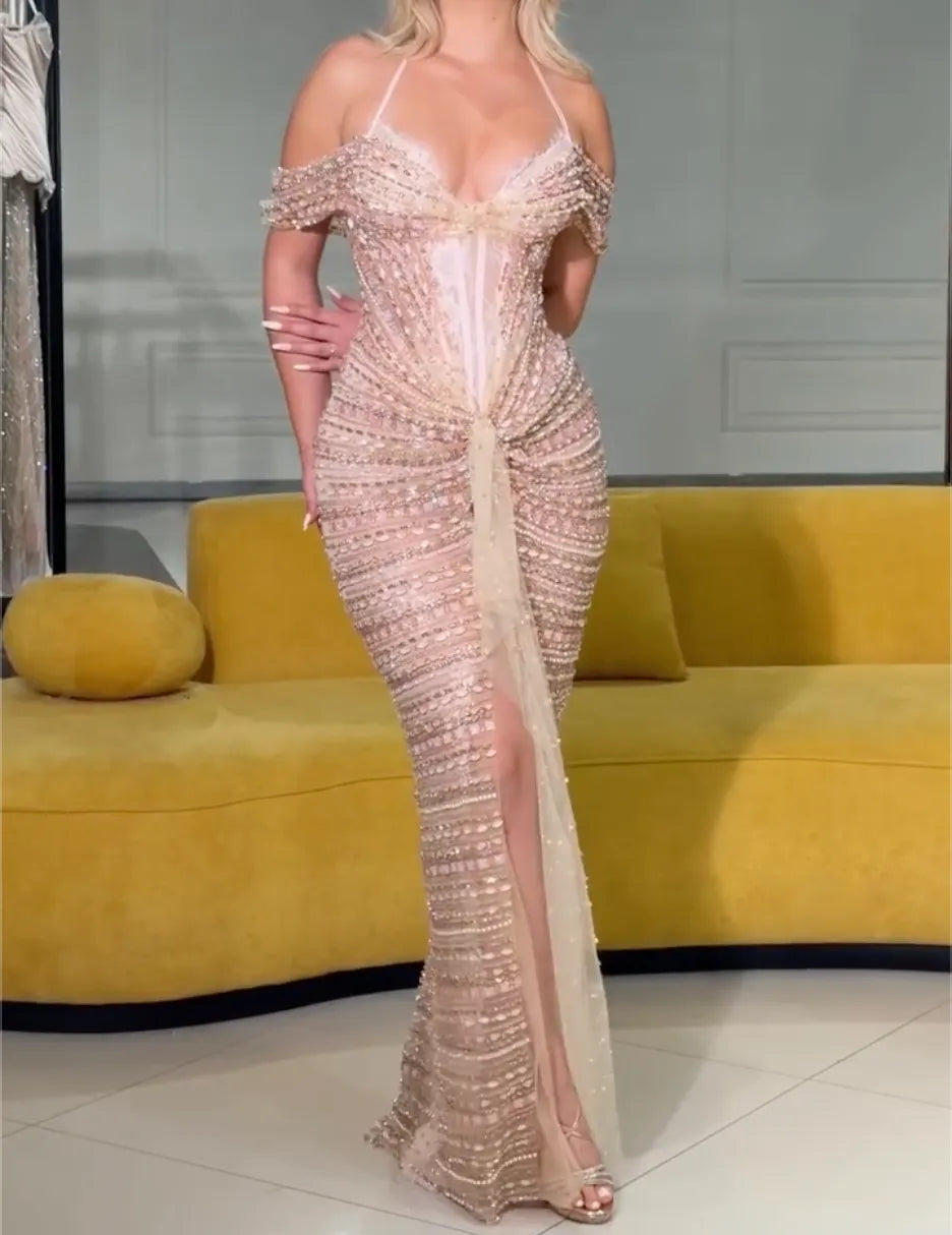 Off Shoulder Spaghetti Strap Corset Sequin Rhinestone Mermaid Evening Gown, Champagne High Front Slit Ruched Sheer Formal Dress