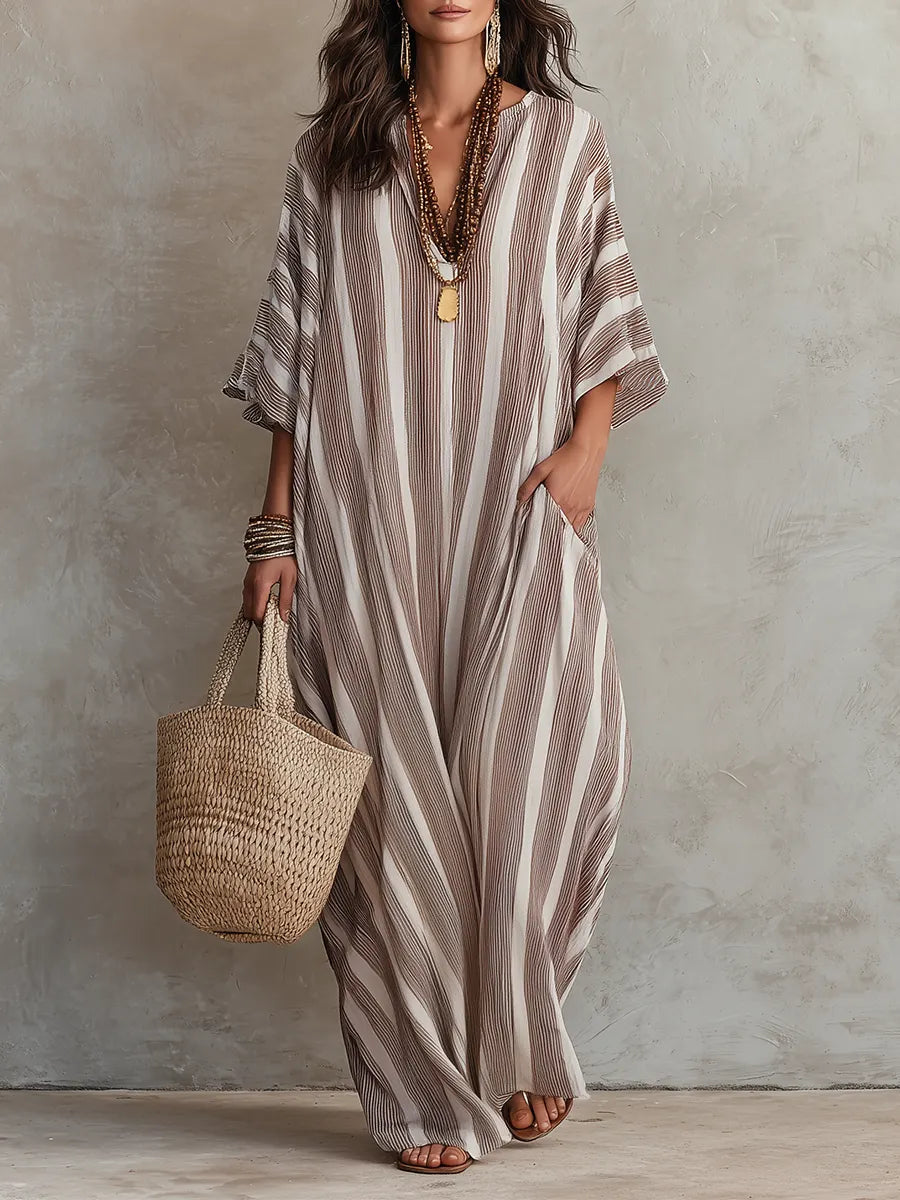 Neutral Striped Kaftan  – Effortless Bohemian Resort Style Maxi Dress