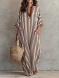 Neutral Striped Kaftan  – Effortless Bohemian Resort Style Maxi Dress