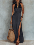 Effortless Coastal Elegance Satin Open-Back Maxi Dress