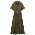 Lunira Belted Shirt Midi Dress – Short Sleeve Summer Shirt Dress in Khaki Green and Soft Beige