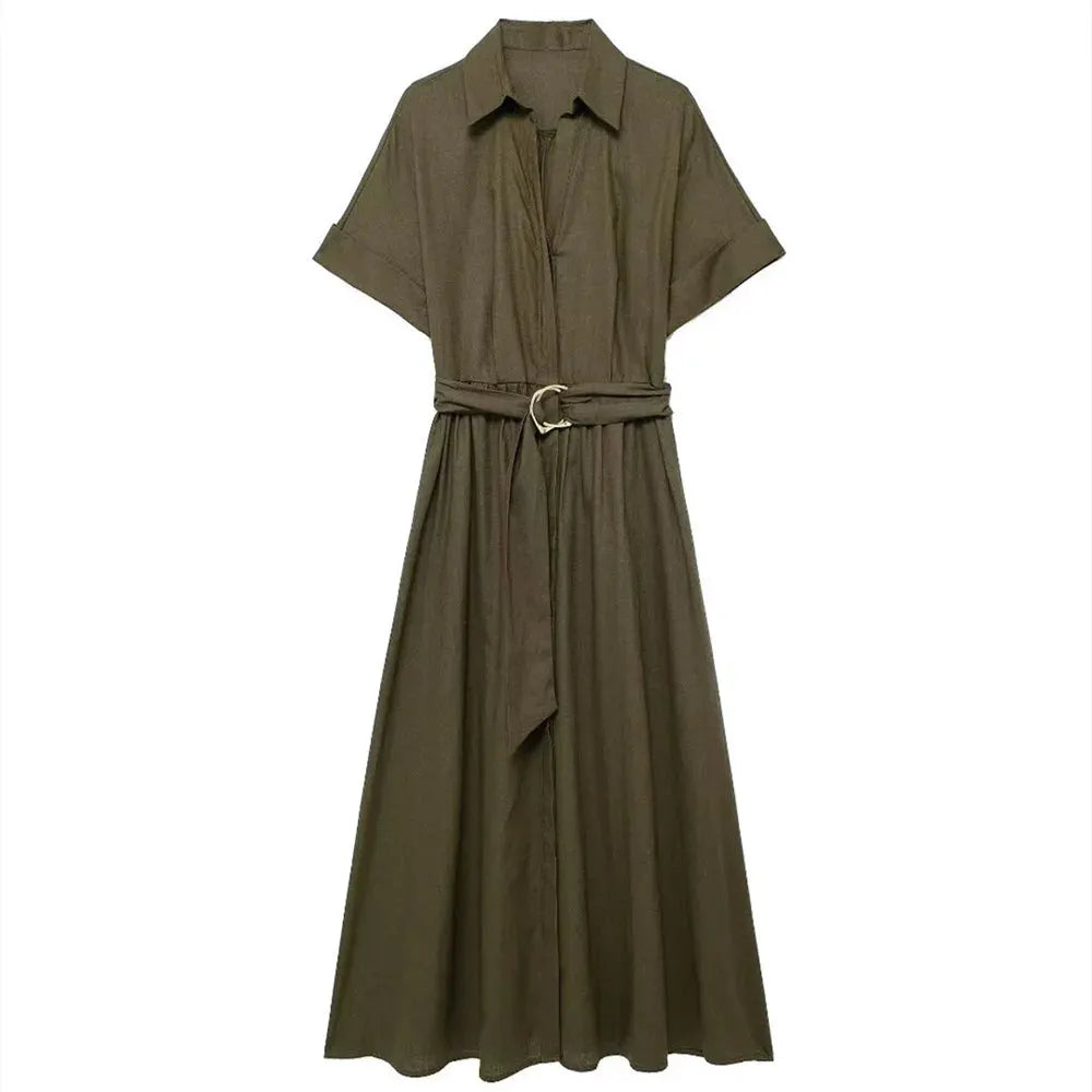 Lunira Belted Shirt Midi Dress – Short Sleeve Summer Shirt Dress in Khaki Green and Soft Beige