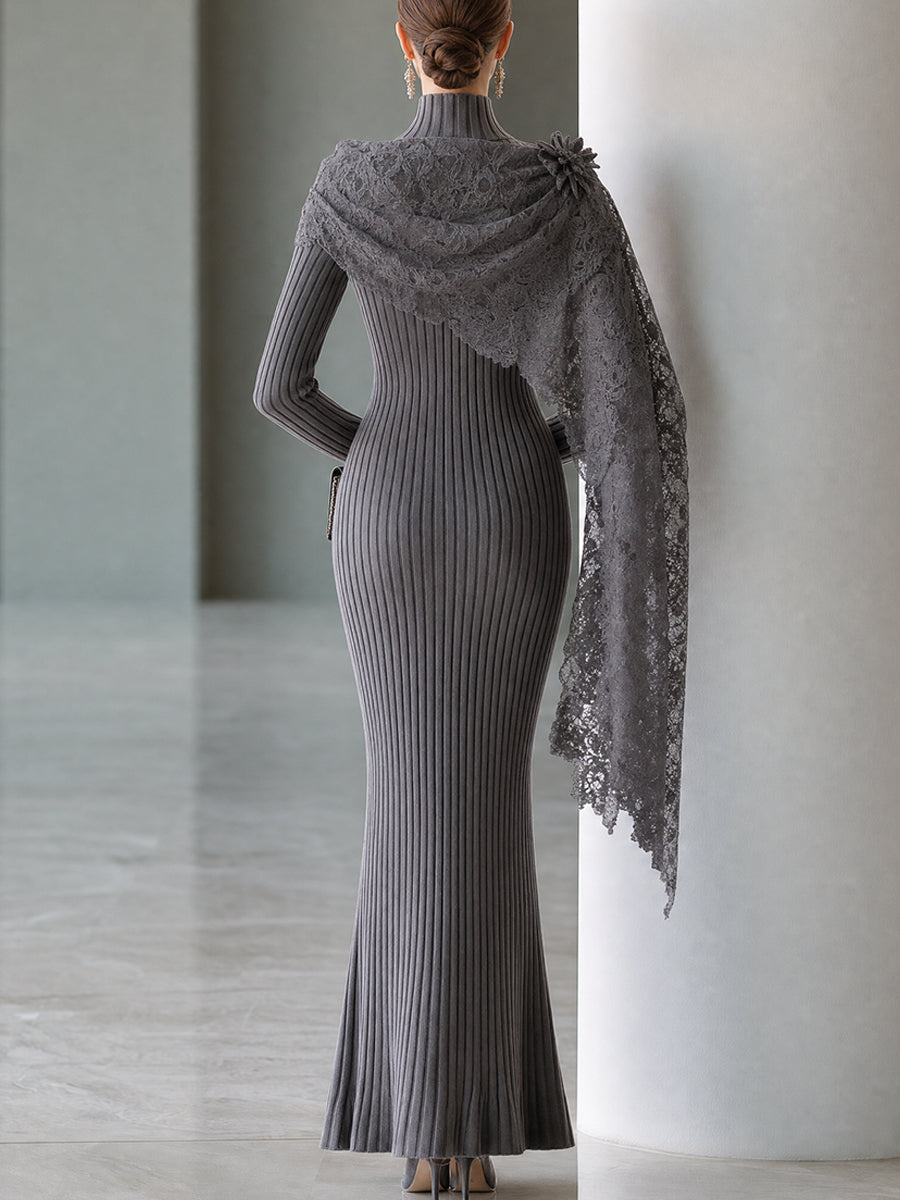 Lace-Draped Ribbed Knit Maxi Dress