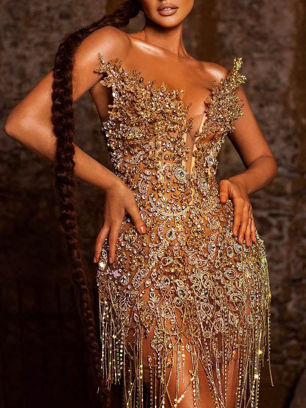 Tasseled Beaded Bandeau Sexy Mini Dress