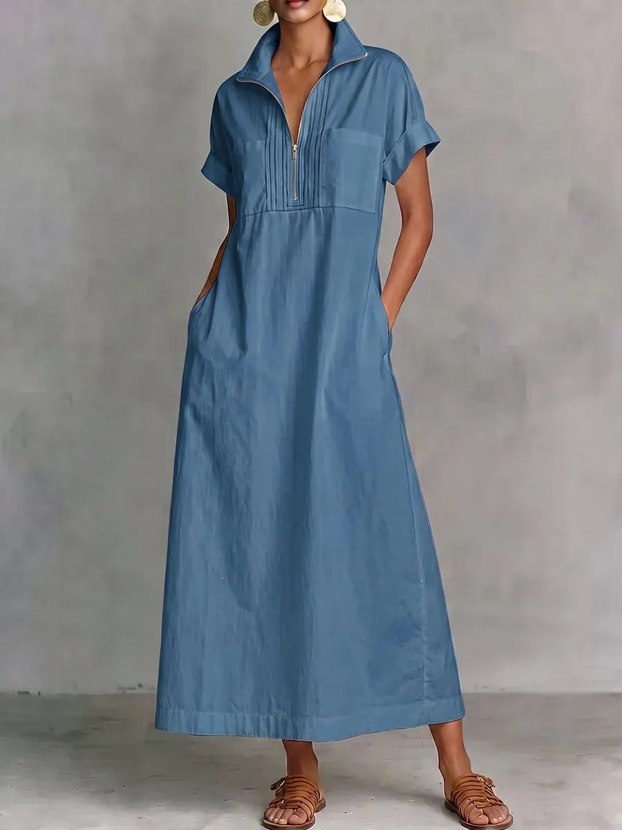 Zipper Solid Color Pockets Sleeveless High Waisted V-neck Maxi Dresses