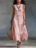 Retro Boho Dragonfly-print Cotton-linen Maxi Dress