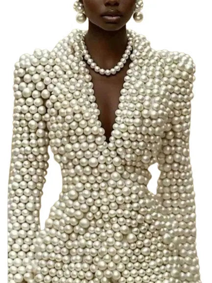 White Full Pearl-Embellished Blazer with Lining