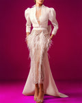 Women's White Lapel Lace Feather Dress