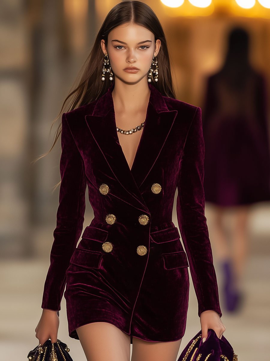 [24-hour shipping out]Casual Loose Vintage Ancora Red Velvet Double Breasted Pocket Blazer Mini Dress