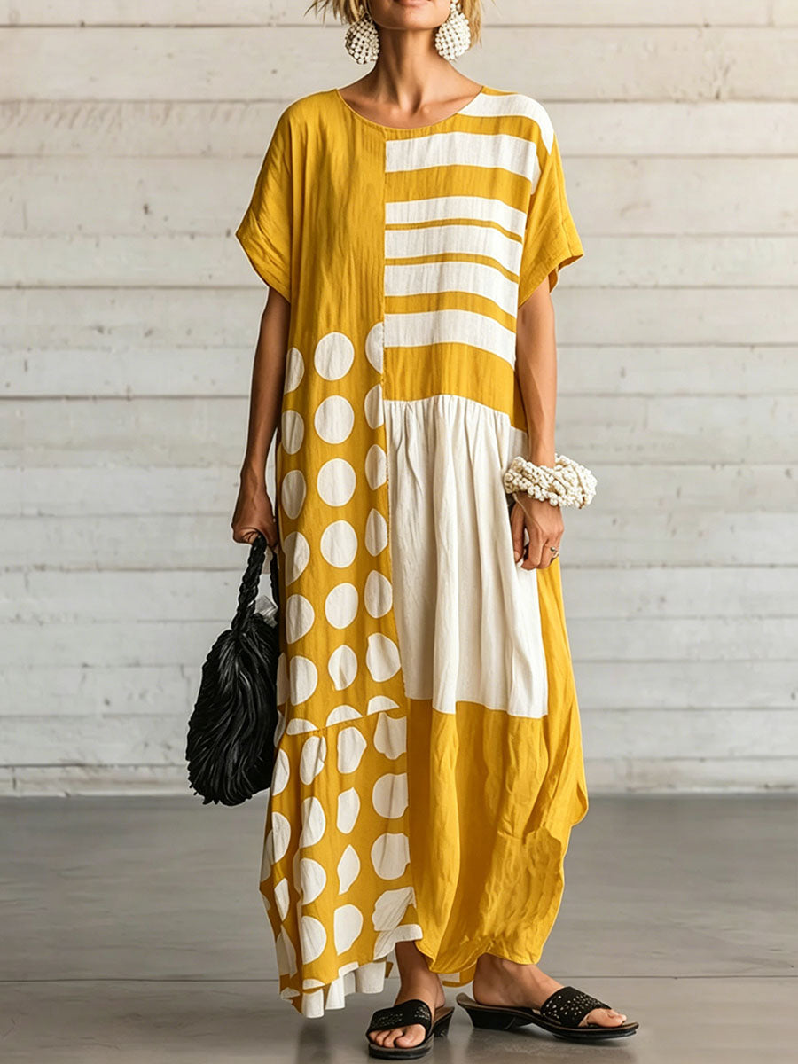 Women's Casual Loose Cotton-linen Dress With Polka Dot & Geometric Print Round Neck And Short Sleeves